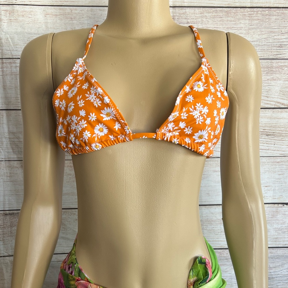 Bright Swimwear Women Orange/ White Floral Bikini Top NWT Size S